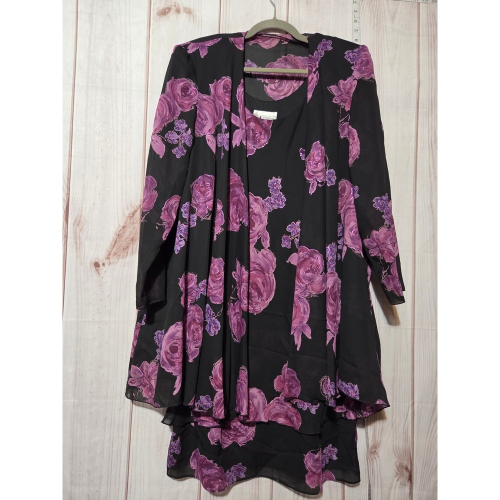 SL Fashions Black Floral Rose Kimono Duster 2‎ PC Set Size 18